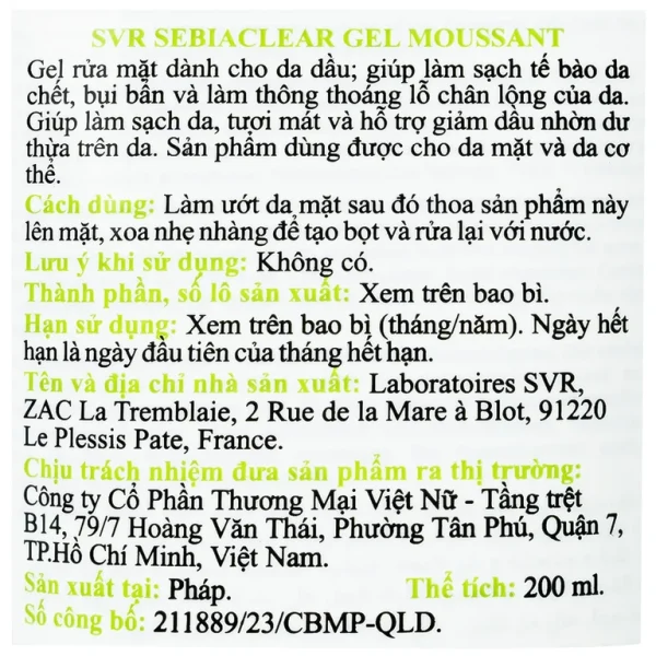 Gel rửa mặt SVR Sebiaclear Gel Moussant 200ml làm sạch không chứa xà phòng và loại bỏ tế bào da chết