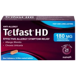 Thuốc chống dị ứng Telfast HD 180mg Sanofi giảm triệu chứng viêm mũi dị ứng, mày đay vô căn mạn tính (3 vỉ x 10 viên)