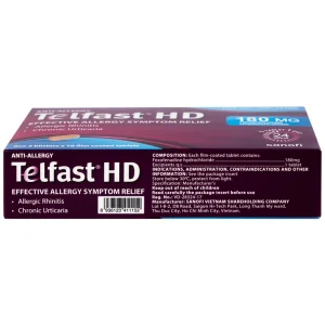 Thuốc chống dị ứng Telfast HD 180mg Sanofi giảm triệu chứng viêm mũi dị ứng, mày đay vô căn mạn tính (3 vỉ x 10 viên)