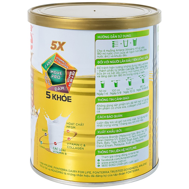 Sữa Anlene Gold 5X hương vani tăng cường sức khỏe cơ-xương-khớp dành cho người trên 40 tuổi (400g)