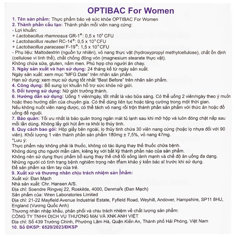 Viên uống Optibac For Women Optibac Probiotics bổ sung lợi khuẩn hỗ trợ sức khỏe nữ giới (90 viên)