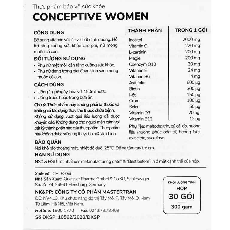 Doppelherz Conceptive Women 10g bổ sung vitamin và các vi chất dinh dưỡng (30 gói)