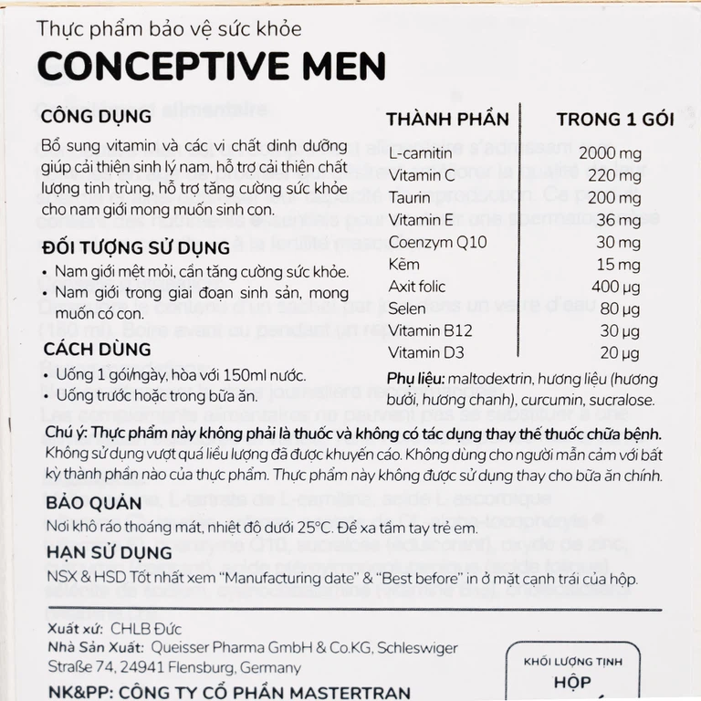 Doppelherz Conceptive Men 10g bổ sung vitamin và các vi chất dinh dưỡng hỗ trợ cải thiện sinh lý nam (30 gói)