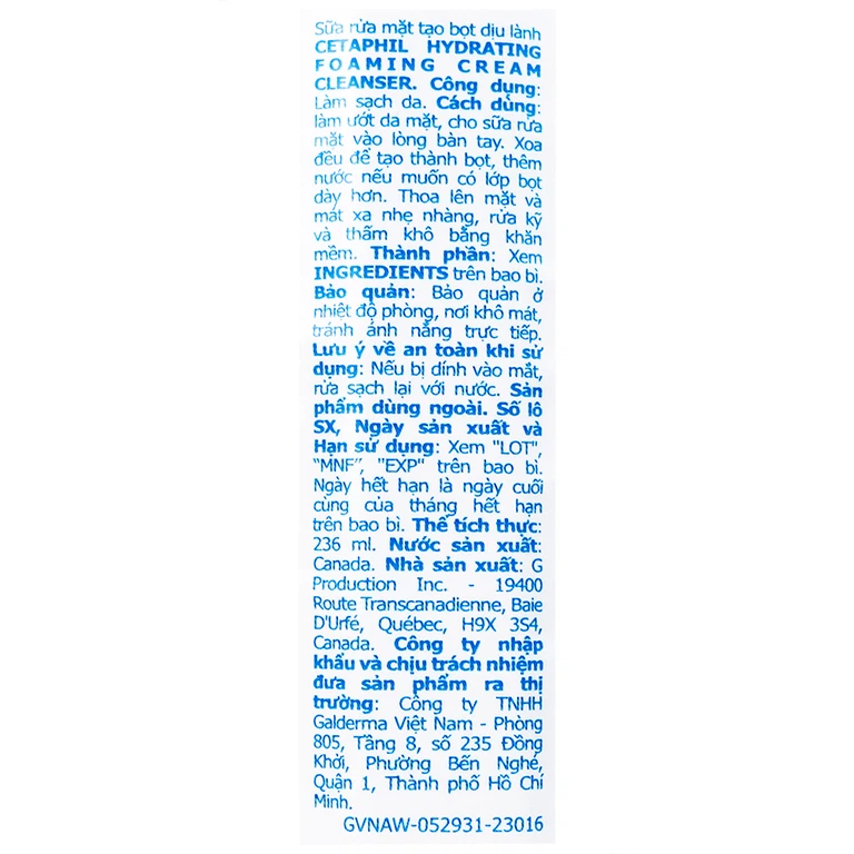Sữa rửa mặt tạo bọt dịu lành Cetaphil Hydrating Foaming Cream Cleanser (236ml)