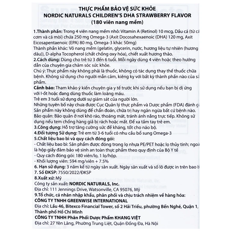 Viên nang mềm Nordic Naturals Children's DHA Strawberry Flavor tăng cường sức đề kháng, tốt cho não bộ (180 viên)