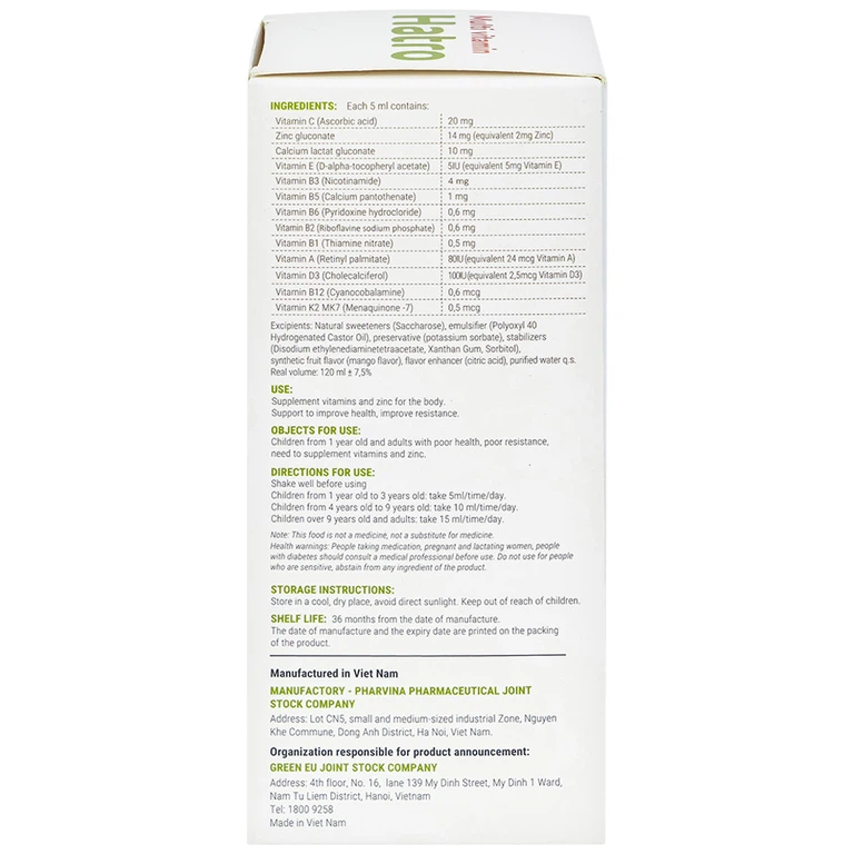 Siro Multi Vitamin Hatro hỗ trợ tăng cường sức khỏe, nâng cao sức đề kháng (120ml)