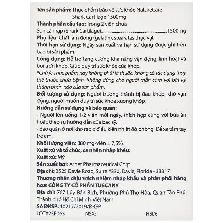 Viên uống Shark Cartilage NatureCare hỗ trợ tăng cường khả năng vận động linh hoạt và bôi trơn khớp (Hộp 60 viên)