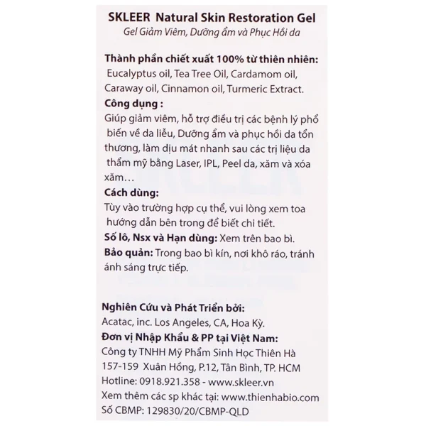 Gel Skleer Natural Skin Restoration giảm viêm, dưỡng ẩm và phục hồi da (30ml)