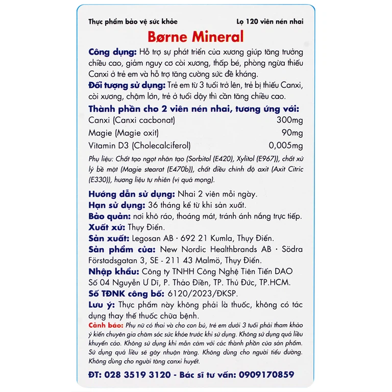 Viên nhai Borne Mineral New Nordic hỗ trợ phát triển xương, giúp tăng chiều cao, tăng đề kháng (120 viên)