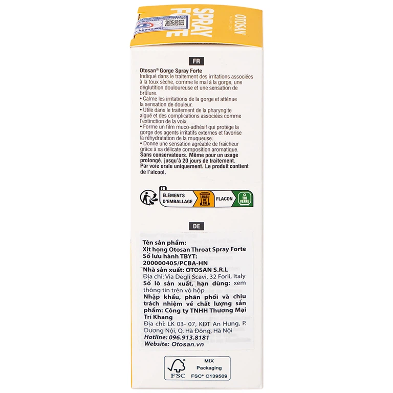 Xịt họng Otosan Spray Forte hỗ trợ điều trị viêm họng cấp, viêm hô hấp, giảm đau rát họng (30ml)