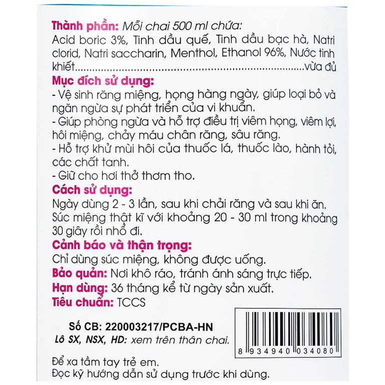 Nước súc miệng T-B Traphaco 500ml vệ sinh răng miệng, họng, ngừa viêm họng, thơm miệng, sạch răng