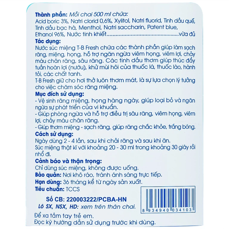 Nước súc miệng T-B Fresh 500ml Traphaco làm sạch răng, miệng, họng, hỗ trợ ngăn ngừa viêm họng, viêm lợi