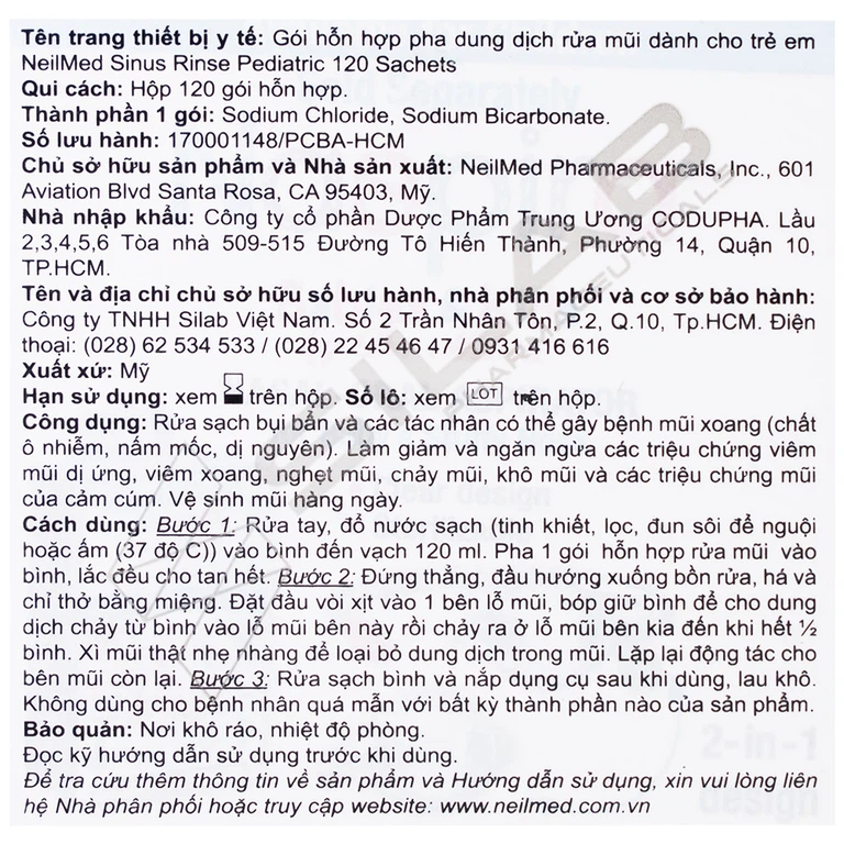 Muối rửa mũi Neilmed Sinus Rinse Kids giảm và ngăn ngừa các chứng viêm mũi dị ứng cho trẻ (120 gói)