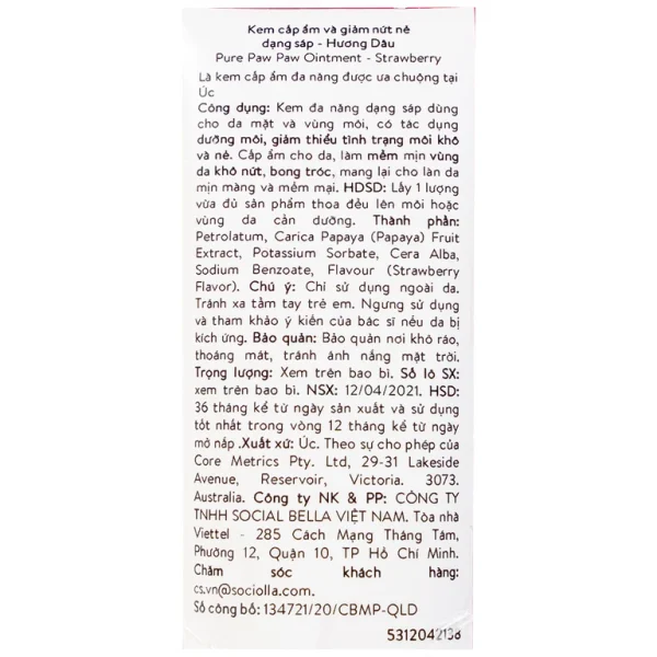 Kem Pure Paw Paw Ointment hương dâu giúp dưỡng ẩm, giảm nứt nẻ, trị bỏng, côn trùng cắn (25g)