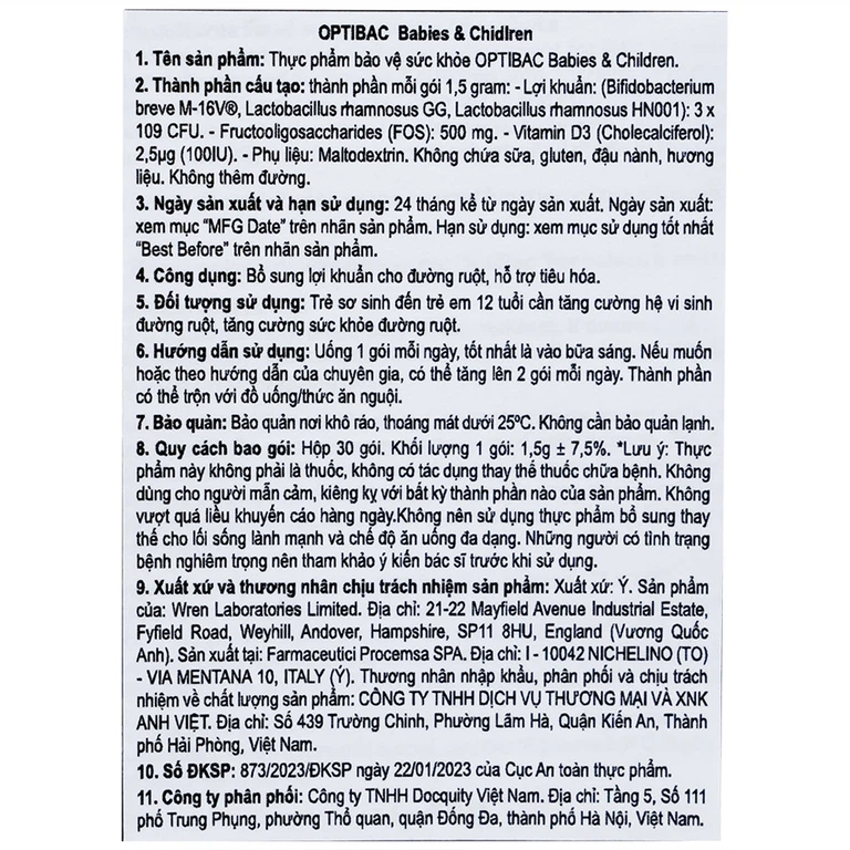Bột Optibac Babies and Children Optibac Probiotics bổ sung lợi khuẩn cho đường ruột, hỗ trợ tiêu hóa (30 gói)
