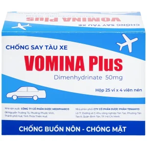 Thuốc Vomina Plus 50mg Medipharco phòng và điều trị triệu chứng buồn nôn, chóng mặt khi say tàu xe (25 vỉ x 4 viên)