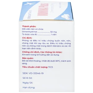 Thuốc Vomina Plus 50mg Medipharco phòng và điều trị triệu chứng buồn nôn, chóng mặt khi say tàu xe (25 vỉ x 4 viên)