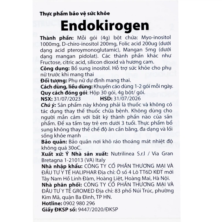 Bột uống Endokirogen 4g Nutrilinea bổ sung inositol, hỗ trợ sức khỏe cho phụ nữ trước khi mang thai (30 gói)