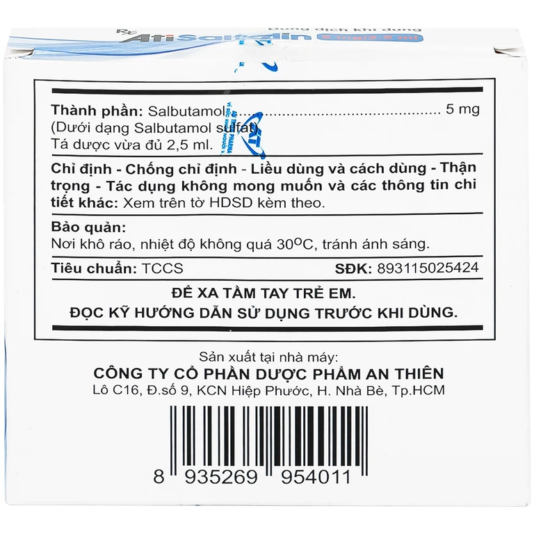 Dung dịch khí dung AtiSaltolin 5mg/2,5ml An Thiên điều trị chứng co thắt phế quản (1 vỉ x 5 ống)
