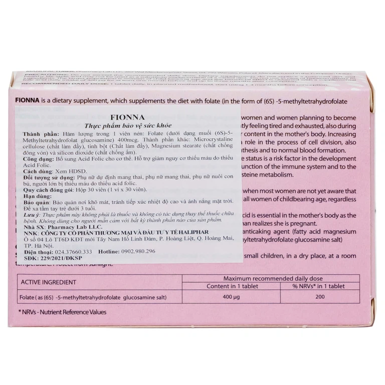 Thuốc Fionna hỗ trợ giảm nguy cơ thiếu máu do thiếu acid folic (1 vỉ x 30 viên)