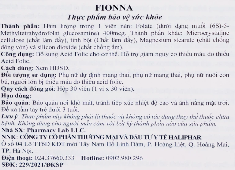 Thuốc Fionna hỗ trợ giảm nguy cơ thiếu máu do thiếu acid folic (1 vỉ x 30 viên)