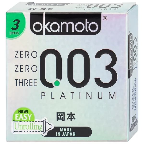 Bao cao su Okamoto 0.03 Platinum trong suốt, mềm mại, dùng để phòng tránh thai và ngăn ngừa HIV (3 cái)