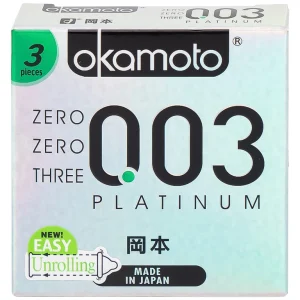 Bao cao su Okamoto 0.03 Platinum trong suốt, mềm mại, dùng để phòng tránh thai và ngăn ngừa HIV (3 cái)