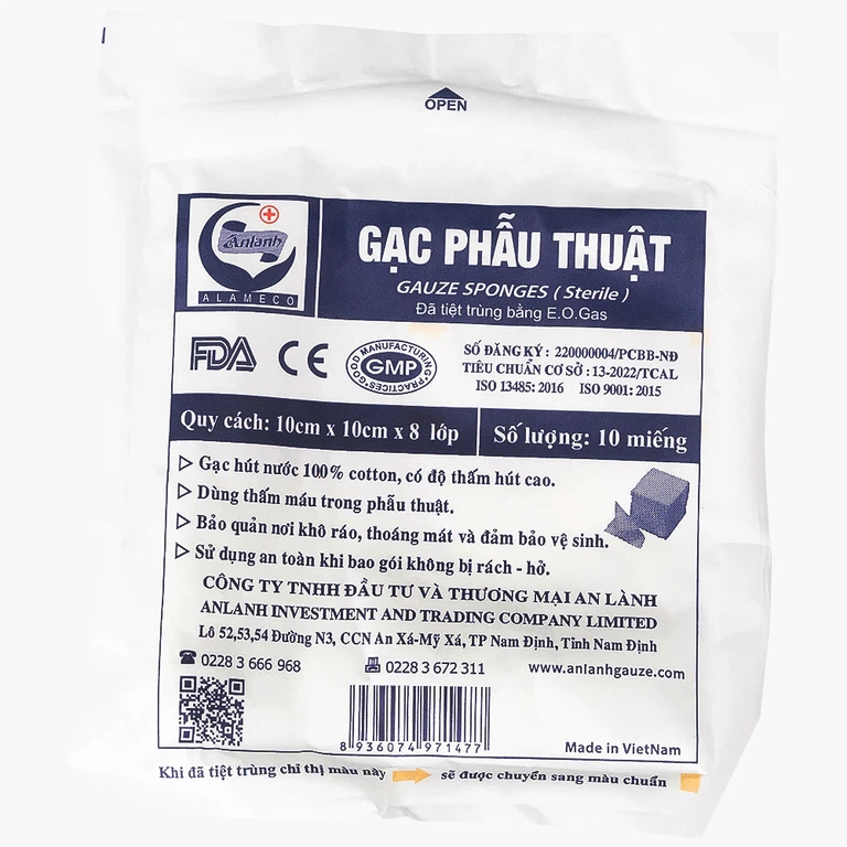 Gạc phẫu thuật TMC 10cm x 10cm x 8 lớp An Lành dùng thấm máu trong phẫu thuật (10 miếng)