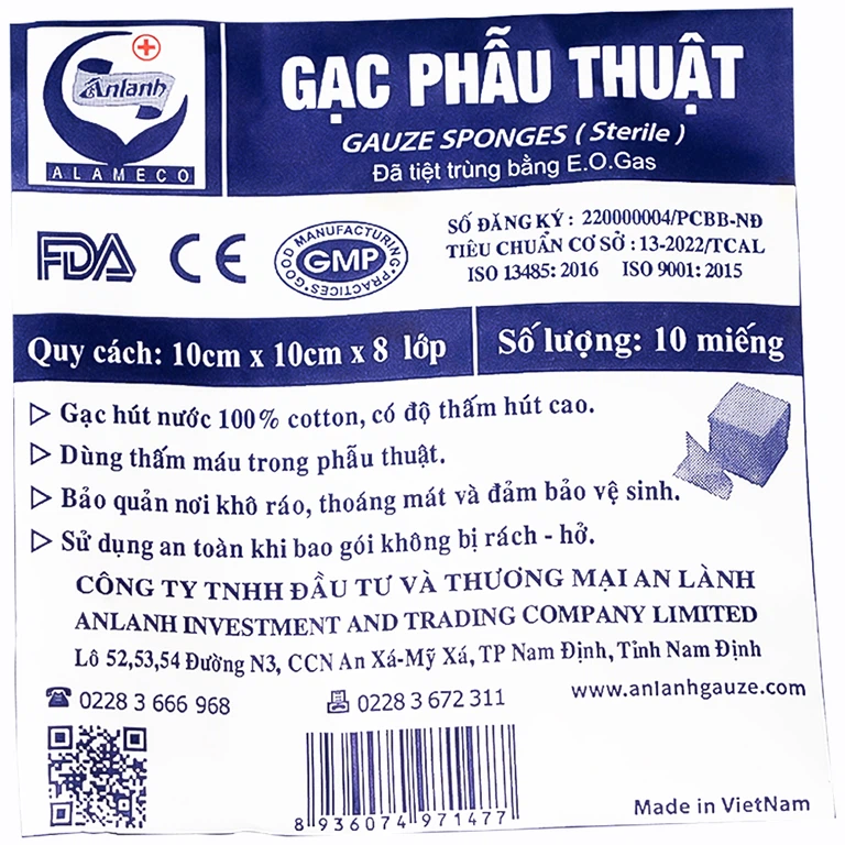 Gạc phẫu thuật TMC 10cm x 10cm x 8 lớp An Lành dùng thấm máu trong phẫu thuật (10 miếng)