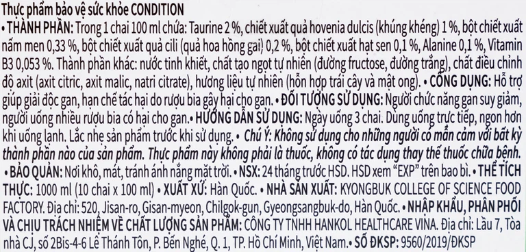 Thực phẩm bảo vệ sức khỏe Condition hỗ trợ giải độc gan, giải rượu (100ml)