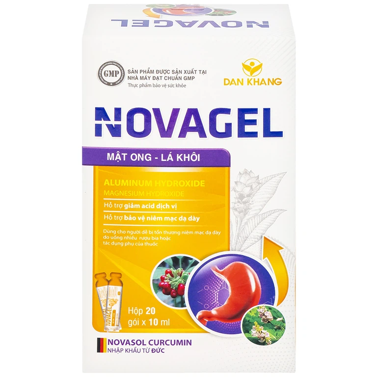 Thực phẩm bảo vệ sức khỏe Novagel Dân Khang hỗ trợ giảm acid dịch vị, bảo vệ niêm mạc dạ dày (Hộp 20 gói x 10ml)