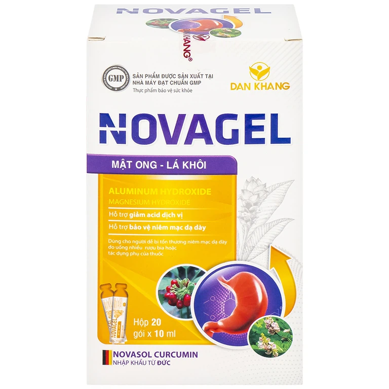 Thực phẩm bảo vệ sức khỏe Novagel Dân Khang hỗ trợ giảm acid dịch vị, bảo vệ niêm mạc dạ dày (Hộp 20 gói x 10ml)
