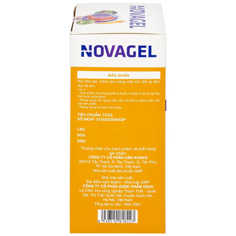 Thực phẩm bảo vệ sức khỏe Novagel Dân Khang hỗ trợ giảm acid dịch vị, bảo vệ niêm mạc dạ dày (Hộp 20 gói x 10ml)