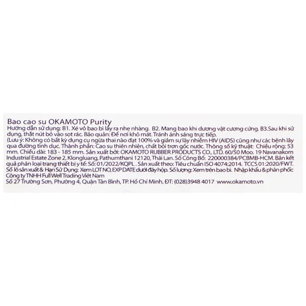 Bao cao su Okamoto Skinless Skin Purity không mùi, tinh khiết, dùng để phòng tránh thai và ngăn ngừa HIV (10 cái)