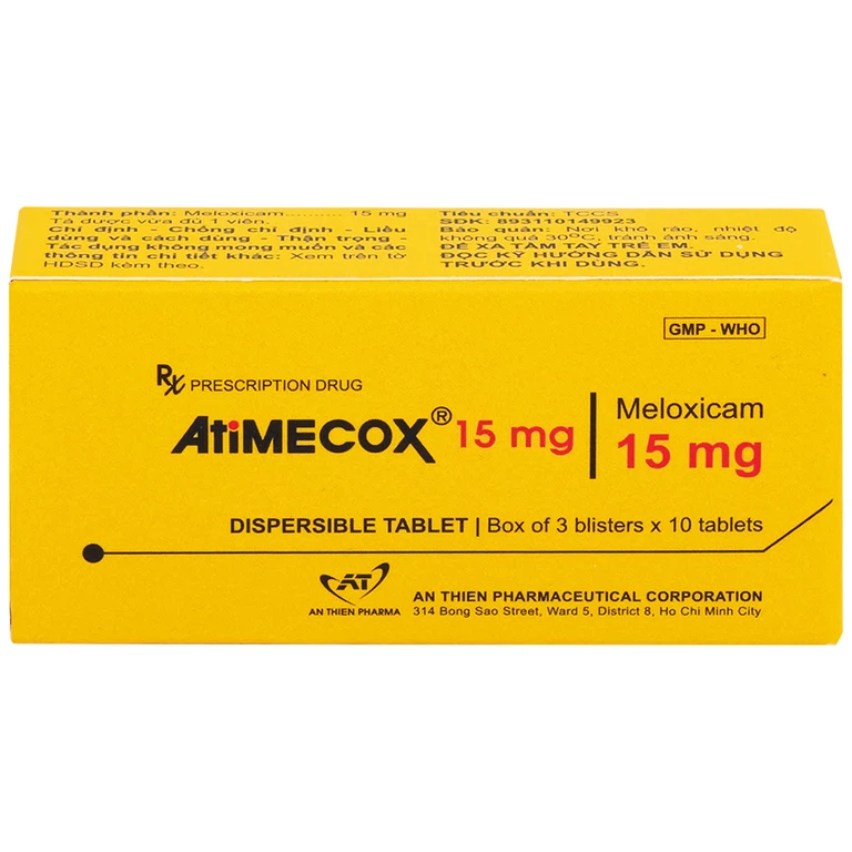 Thuốc Atimecox 15mg An Thiên giảm các dấu hiệu và triệu chứng của viêm xương khớp (3 vỉ x 10 viên)