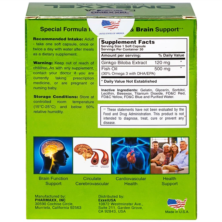 Viên uống Omexxel Ginkgo 120 Excelife tăng cường tuần hoàn máu não, tốt cho tim mạch (2 vỉ x 15 viên)