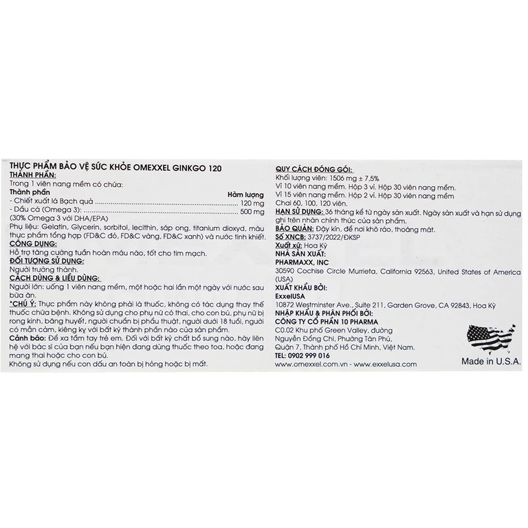 Viên uống Omexxel Ginkgo 120 Excelife tăng cường tuần hoàn máu não, tốt cho tim mạch (2 vỉ x 15 viên)