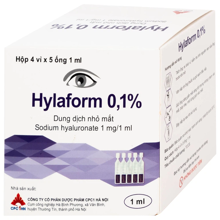 Thuốc nhỏ mắt Hylaform 0,1% CPC1HN điều trị triệu chứng khô mắt, rối loạn biểu mô giác mạc (4 vỉ x 5 ống)