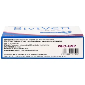 Thuốc BiviVen 600mg Reliv hỗ trợ cải thiện triệu chứng suy tuần hoàn tĩnh mạch bạch huyết (3 vỉ x 10 viên)