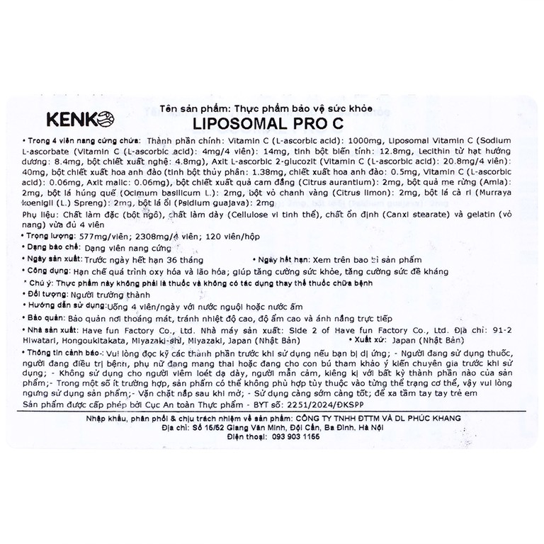 Viên uống Liposomal Pro C Kenko giúp tăng cường đề kháng, hạn chế oxy hóa và lão hóa (120 viên)