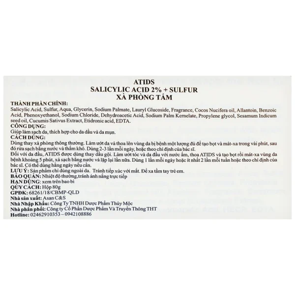 Xà phòng tắm Atids Salicylic Acid 2% + Sulfur làm sạch da, thích hợp cho da dầu, da mụn (80g)