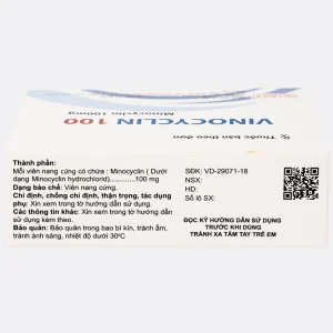 Thuốc Vinocyclin 100 Medisun điều trị mụn trứng cá, nhiễm trùng đường hô hấp (3 vỉ x 10 viên)