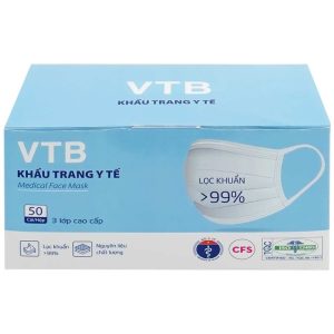 Khẩu trang y tế VTB màu trắng 3 lớp hỗ trợ ngăn khói, bụi, kháng khuẩn (50 cái)