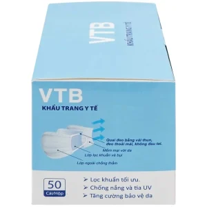 Khẩu trang y tế VTB màu trắng 3 lớp hỗ trợ ngăn khói, bụi, kháng khuẩn (50 cái)