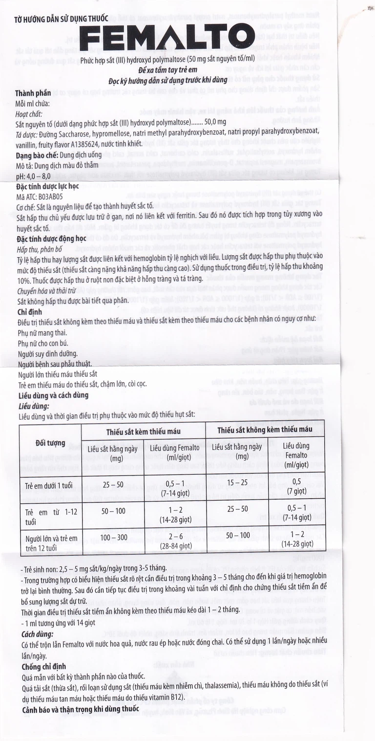 Dung dịch uống Femalto 30ml CPC1HN bổ sung sắt hữu cơ dạng lỏng