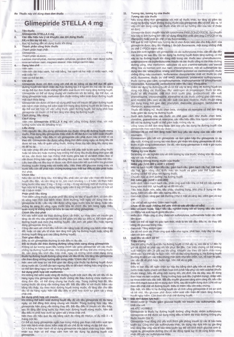 Thuốc Glimepiride 4mg Stella Pharm giảm đường huyết cho bệnh đái tháo đường típ 2 (6 vỉ x 10 viên)