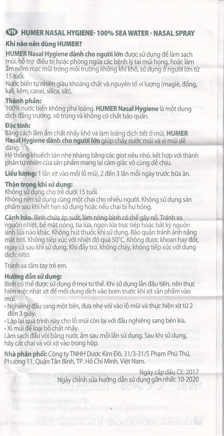 Dung dịch xịt mũi Humer 150 Nose Hygiene Urgo dùng để vệ sinh khoang mũi
