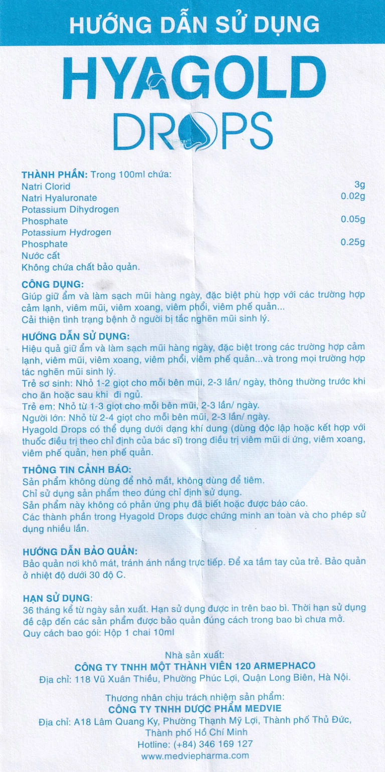 Dung dịch nhỏ mũi Hyagold Drops 10ml Medvie làm sạch mũi