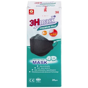Khẩu trang y tế cao cấp 3Hmask Vĩnh Tiến 4D màu đen hỗ trợ ngăn khói, bụi, kháng khuẩn (20 cái)
