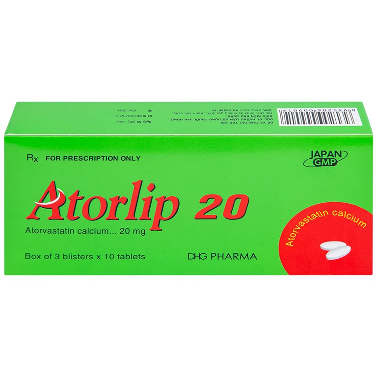 Thuốc Atorlip 20mg DHG điều trị tăng cholesterol toàn phần và LDL-cholesterol (3 vỉ x 10 viên)